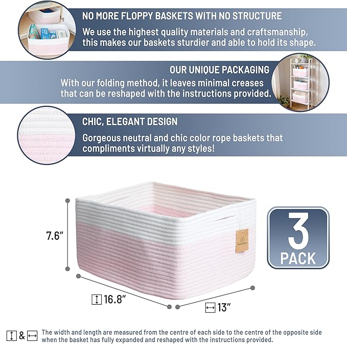 NaturalCozy Storage Baskets 16.8”x13”x7.6” Cotton Rope Woven Baskets for Organizing 3-Pack | Toy Storage Bins | Basket for Sh