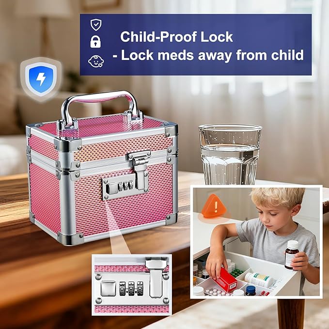 Adazzo Medicine Lock Box with 3-Digit Combination Lock – Pink Lockable Storage Box for Medication, Small Lock Box for Valuabl