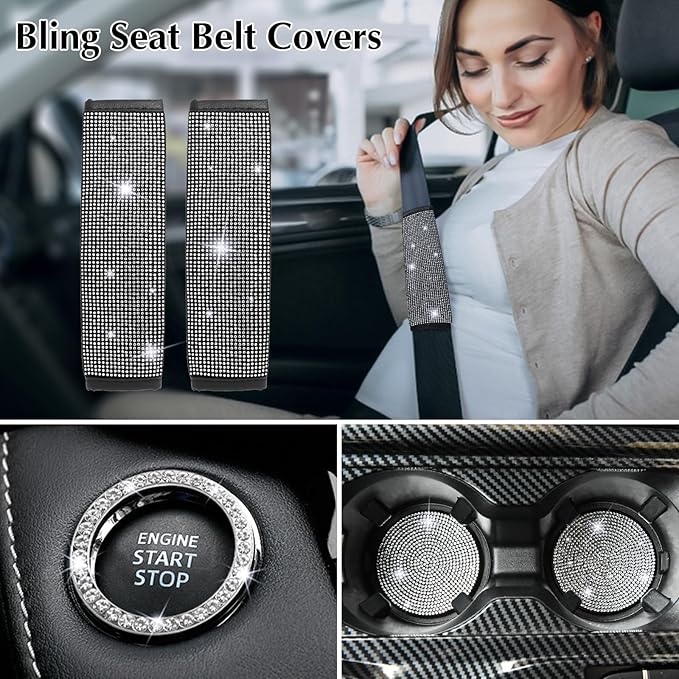 ARTILAURA 11 PCS Bling Car Accessories Set for Women Steering Wheel Covers Butterfly Hanging Seat Belt Cover Cute Air Vent Clips Coasters Glitter Diamond AUTO Interior kit (White)
