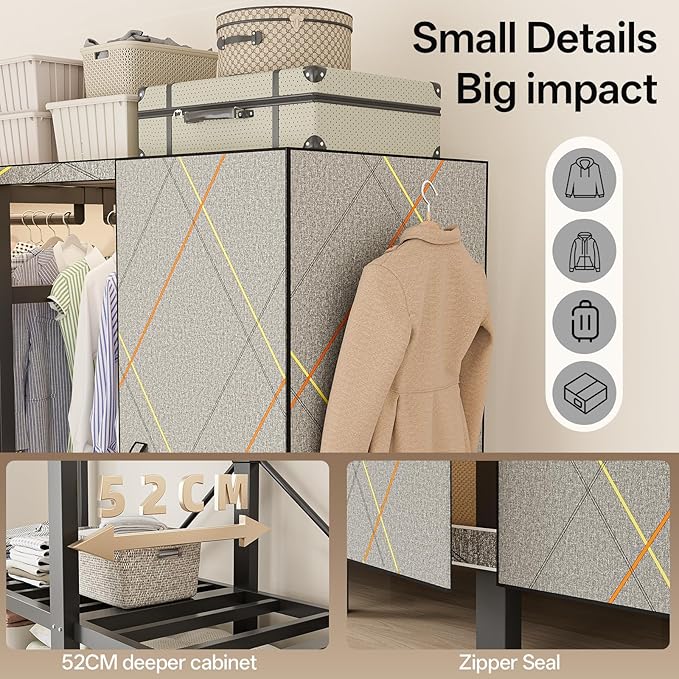 Heavy Duty Portable Closet Wardrobe, Garment Rack with Cover & Hanging Rods, Freestanding Wardrobe with Magnetic Door, Metal 