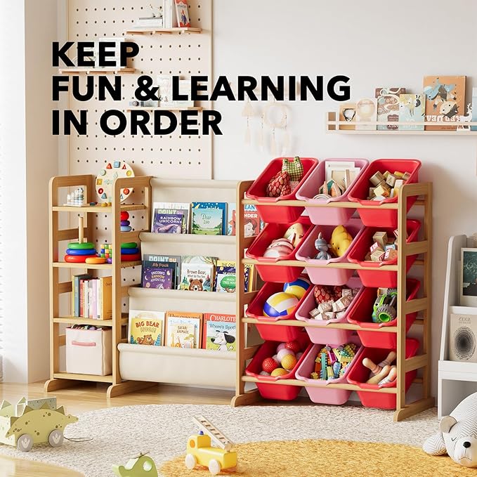 SpaceAid 3-in-1 Toy Storage Organizer with 4 Shelves and 12 Bins, Toy Organizers Storage 3-Tier Bookshelf, Kids Bin Shelf Box