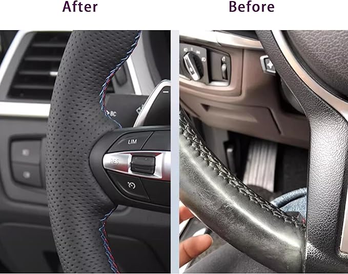 Hand Sewn Black Perforated Ultra-Fine Fiber Leather Steering Wheel Cover, for BMW 228i 230i 320i 328i 330i 335i 340i 428i 430i 435i 440i 525i 535i 550i 640i 650i