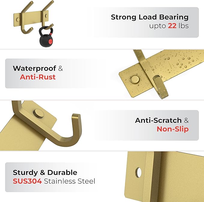 Brushed Gold Small Coat Rack Wall Mount – 6 Inch Stainless Steel Rail with 2 Double Coat Hooks for Entryway, Bathroom, Bedroo