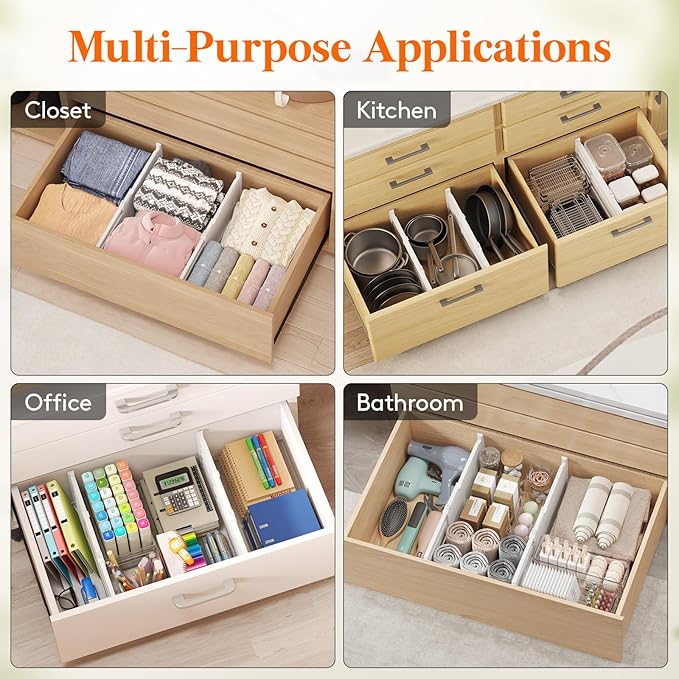 Lifewit 8" High 4 Pack Deep Drawer Dividers, 13.8-22.5" Adjustable Drawer Divider for Clothes with 12 Pack Drawer Dividers 4"