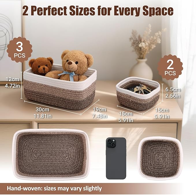 5-Pack Small Woven Rope Storage Baskets – 2 Sizes Organizer Bins for Closet, Shelf, Bookshelf, Nursery, Changing Table, Fabri