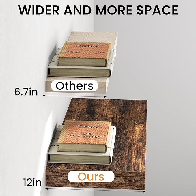 30Inch Floating Shelves for Wall, 12 Inch Deep Shelves for Bedroom, Kitchen, Bathroom Wall Mounted, Rustic Wood Floating Shel