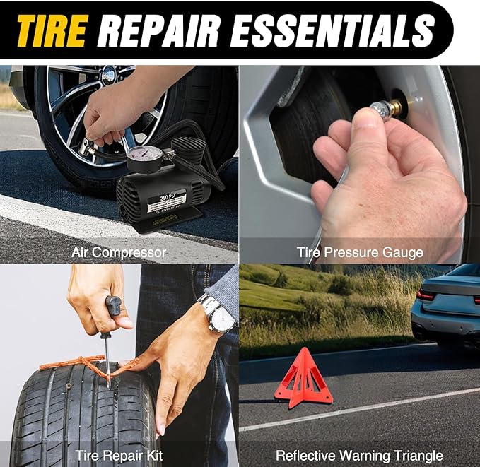 Nilight Car Emergency Kit with Jumper Cable Air Compressor Tire Repair Essential Tools First Aid Alligator Connector Electric
