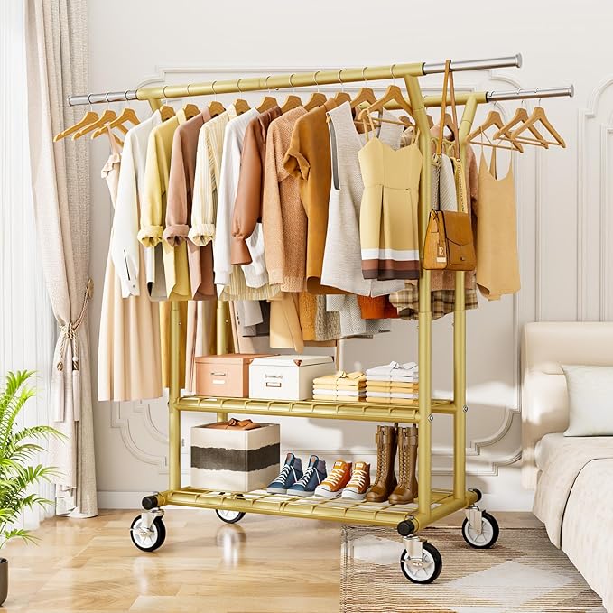 HYSEYY Heavy Duty Clothes Rack, Rolling Clothing Racks With Shelves Load 620 LBS, Double Rod Clothing Racks for Hanging Cloth