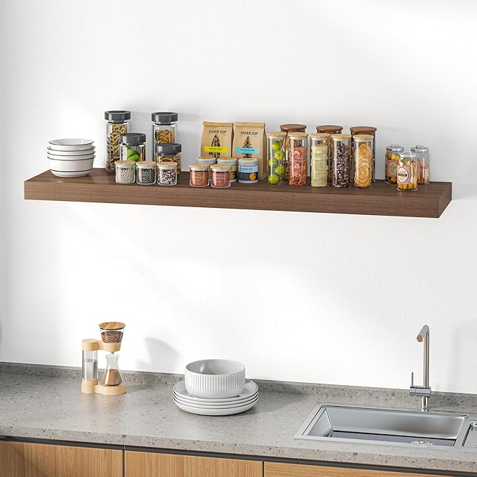 Dreamland 55" Floating Shelves for Wall, 12" Deep Thicker Walnut Floating Shelves, Wall-Mounted Shelves for Bedroom, Living R