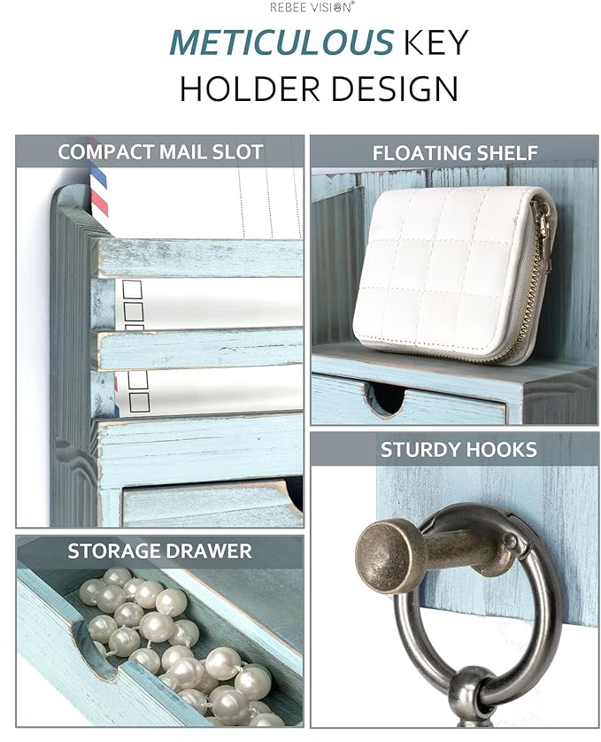 Rebee Vision Decorative Key Holder Wall Mount with 2 Drawer Organizer - Modern Mail Organizer with 6 Key Hooks & Shelf - Home