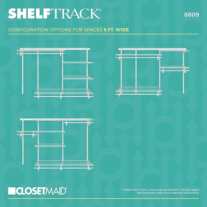 ClosetMaid ShelfTrack Wire Closet Organizer System, Adjustable from 5 to 8 Ft., with Shelves, Clothes Rods, Hardware, Durable