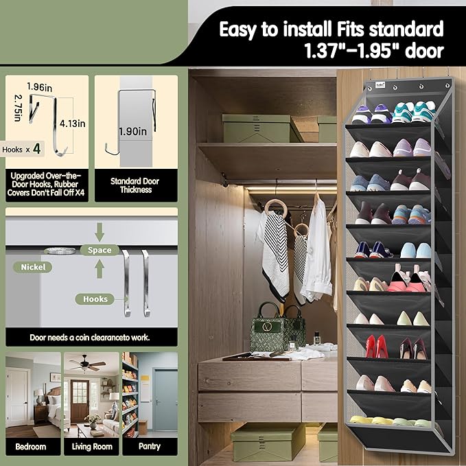 Kotkn 10 Tier Over The Door Organizer - Heavy Duty Hanging Storage Rack with Sturdy Oxford Fabric, Holds 20+ Pairs of Footwea
