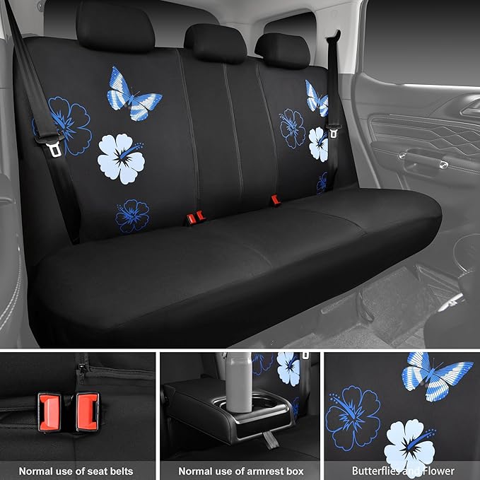 CAR PASS Blue Butterfly Car Seat Covers Full Set, Embroidered Flower Waterproof Car Floor Mats Carpet, Butterflies Steering W