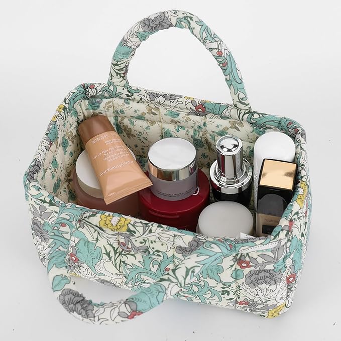 Small Storage Basket Organizer, Mini Fabric Floral Storage Baskets with Handle, Quilted Portable Collapsible Storage (F)