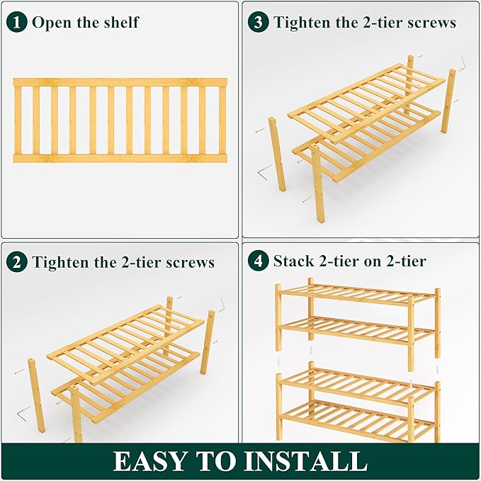 Smiry Shoe Rack, 4 Tier Bamboo Shoe Organizer, Stackable Free Standing Wooden Shoe Storage Shelf for Closet, Entryway, Front 