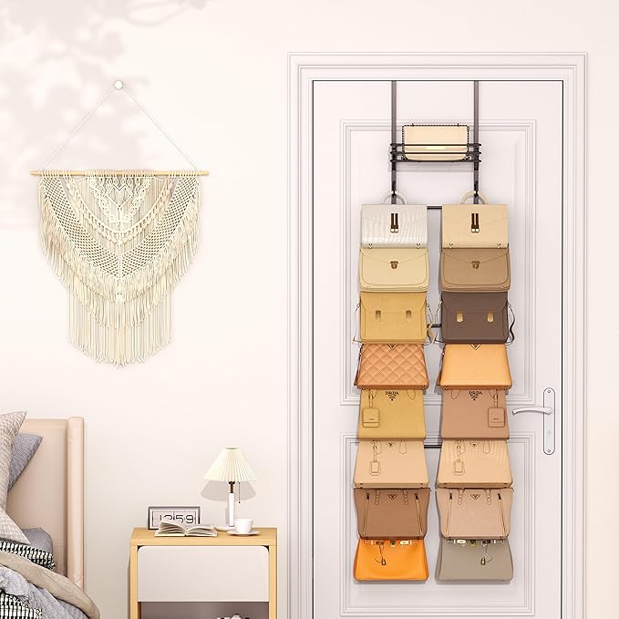 SWTYMIKI Over The Door Purse Organizer - Wall Mounted Handbag Organizer with 16 Hooks and Metal Basket, Hanging Purse Storage
