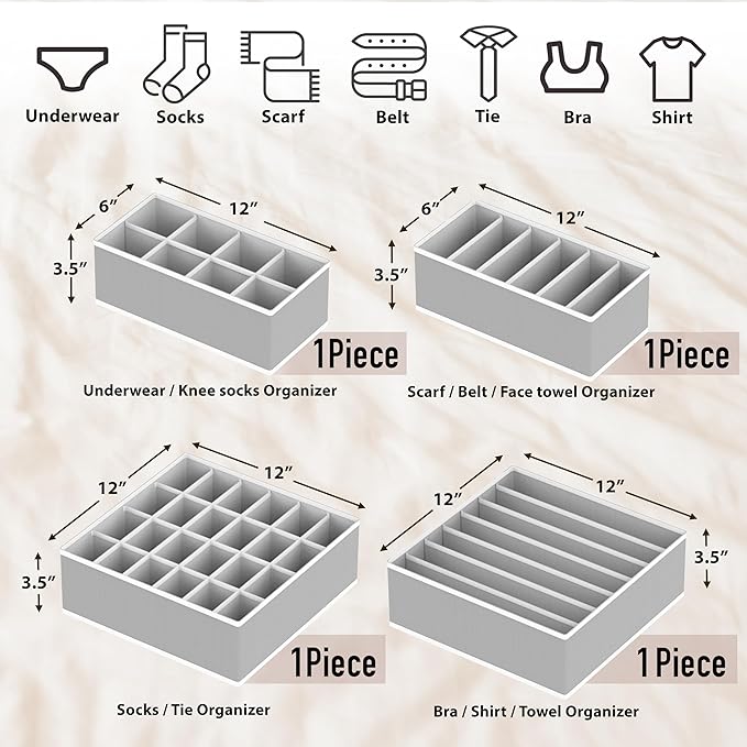 Simple Houseware 4-Pack Drawer Organizer Set - Closet Dividers for Underwear, Socks, Bras, Scarves, Ties - Foldable Non-Woven