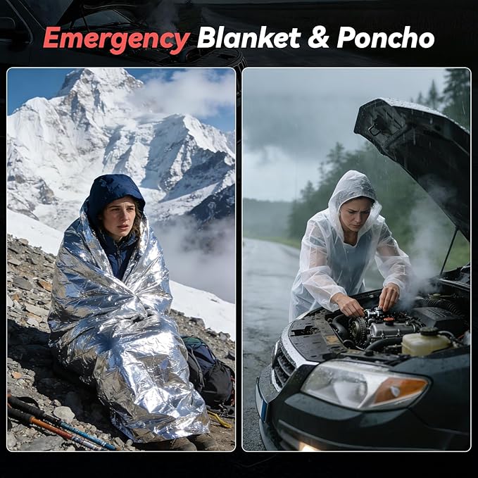 Car Emergency Safety Kit Bag with Jumper Cables, Tire Pressure Gauge, Auto Vehicle Safety Road Side Assistance Kits Essential