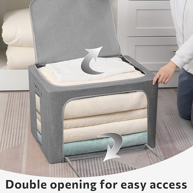 FHSQX 2 Pack Clear Window Storage Bins Large Foldable Fabric Storage Bins Boxes for Clothes Stackable Organizer Set with Carr