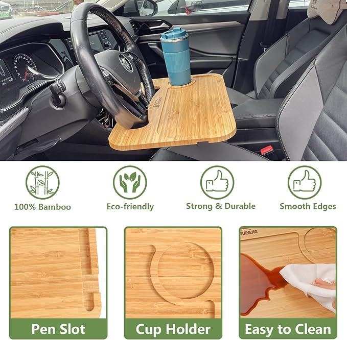 Steering Wheel Tray Double Sided Bamboo Car Laptop Steering Wheel Desk Multifunctional Car Food Trays Car Table Steering Wheel Tray for Eating, Tablet, iPad or Notebook Travel Car Accessories