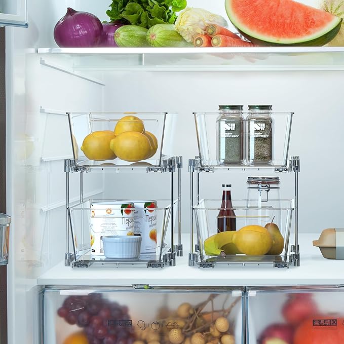 Simple Houseware 2 Tier Basket Drawer Cabinet Pull-Out Organizer, 2 Pack, Clear