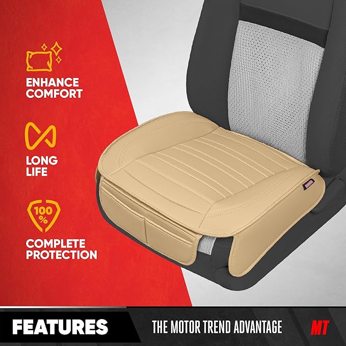 Motor Trend Seat Covers for Cars Trucks SUV, Faux Leather Beige Padded Seat Covers with Storage Pockets, Premium Interior Car