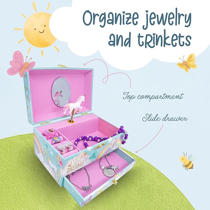 The Memory Building Co Unicorn Musical Jewelry Box Plays Classic Melody, Storage Organizer Music Box for Kids Ages 6-12, MDF 