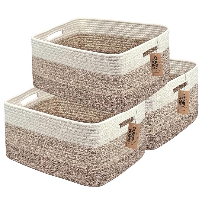 COMFY-HOMI 3 pcs Large Storage Baskets for Shelves, Laundry Basket, Woven Rope Basket, Closet Organizer Bins for Clothes Blan