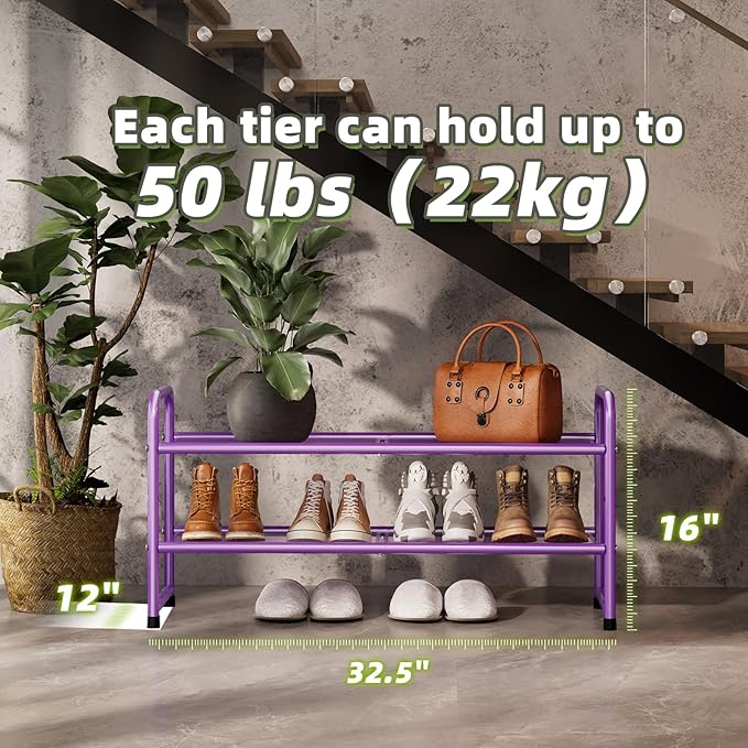 SUFAUY 2-Tier Mesh Shoe Rack, Closet Metal 33" Wide Shoe Shelf Heavy Duty, Purple