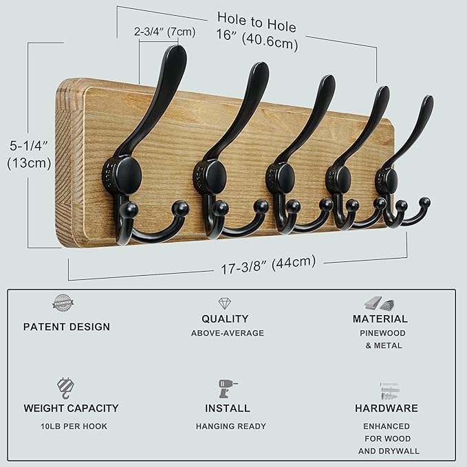 Dseap Coat Rack Wall Mount - Heavy-Duty Robust Barnwood-Style Wooden Wall Coat Hanger Hook Rail with 5 Triple Hooks for Winte