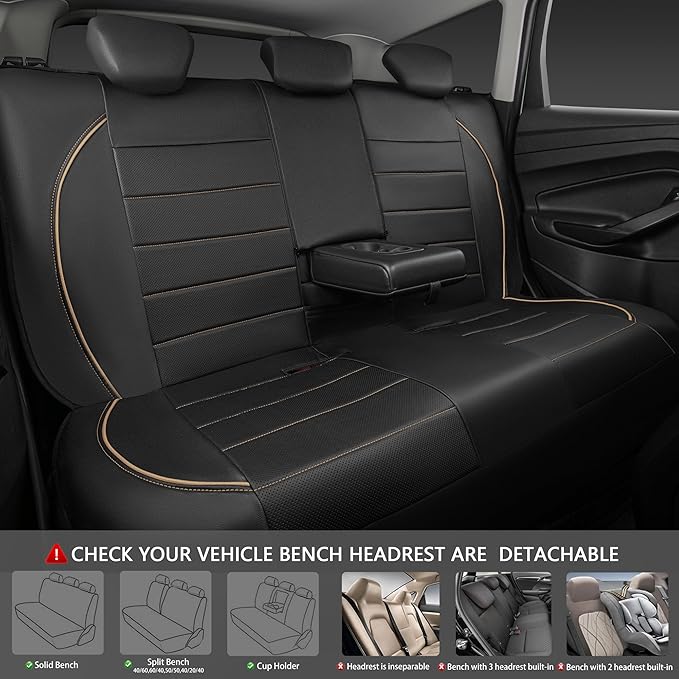 CAR PASS Universal FIT Piping Leather Car Seat Cover, for suvs,Van,Trucks,Airbag Compatible,Inside Zipper Design and Reserved Opening Holes (Full Set, Black and Beige)