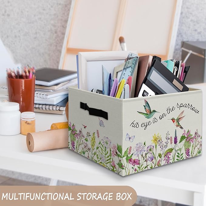 Wildflower Hummingbird Christian Foldable Storage Bins Box with Handles, His Eye Is on the Sparrow Religious Collapsible Orga