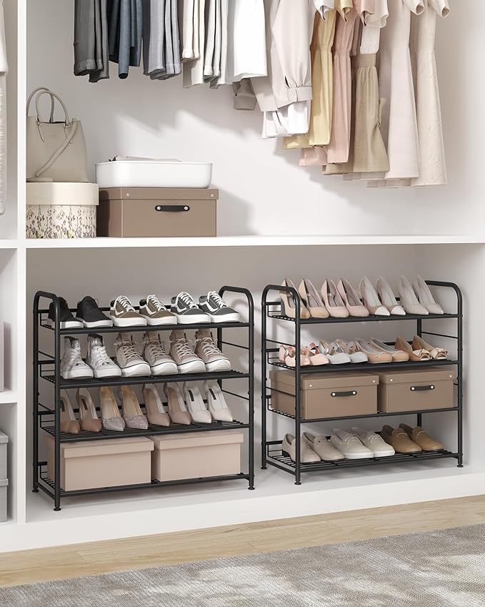 SONGMICS Stackable Shoe Rack, 4 Tier Metal Shoes Rack Storage Shelf, Holds up to 16 Pairs Shoes, Adjustable Slanted Shelves S
