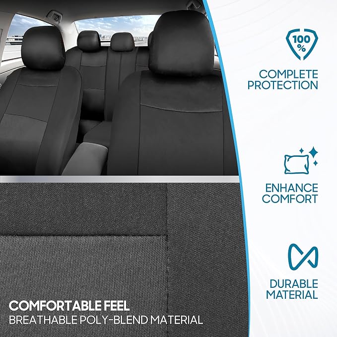 BDK PolyPro Car Seat Covers Full Set in Solid Charcoal – Front and Rear Split Bench Seat Covers for Cars, Easy to Install, Ac