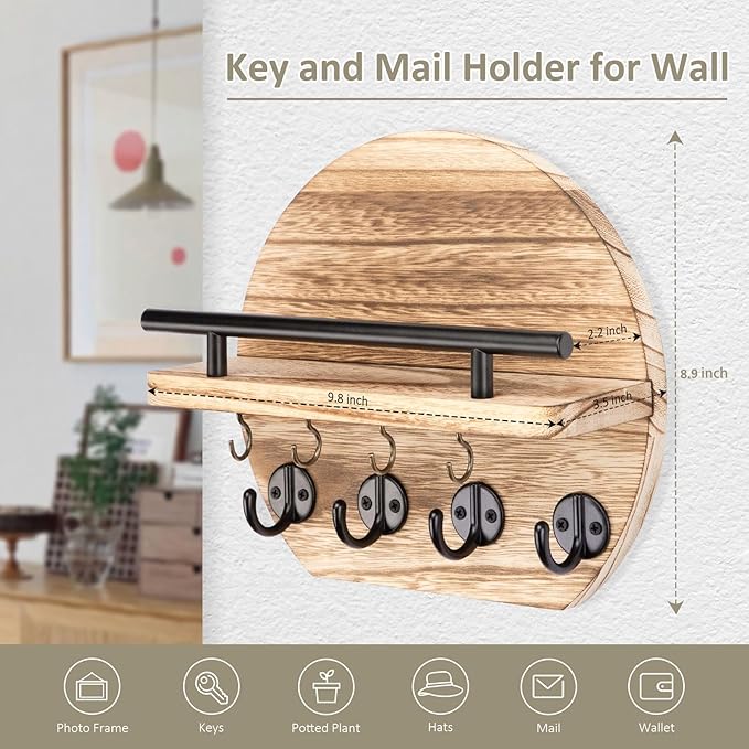 Nekon Key Holder for Wall - 9.8 Inch Apartment Wall Decor with Shelf and 8 Key Hooks, Circular Wood Key Hanger for Home Decor