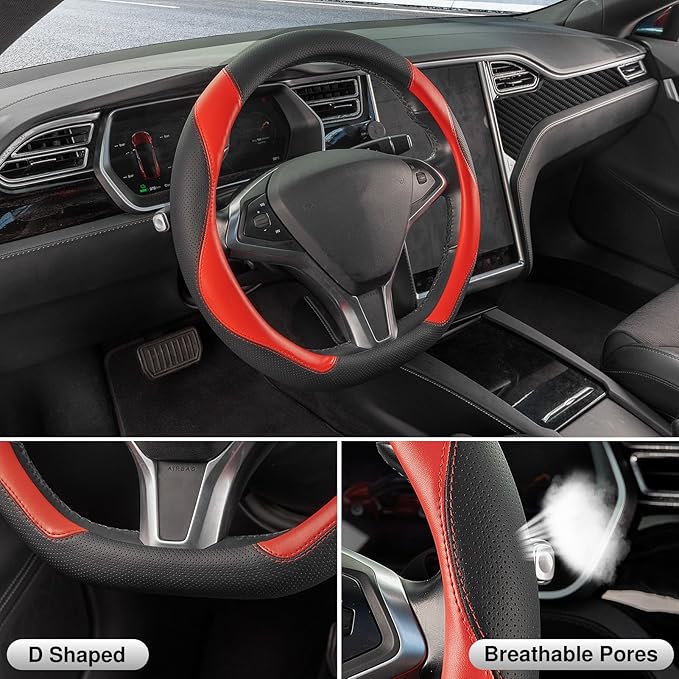 SEG Direct D Shaped Steering Wheel Cover, Flat Bottom Car Wheel Cover 14 1/2-15 in. (37-39 cm), Black and Red Microfiber Leat