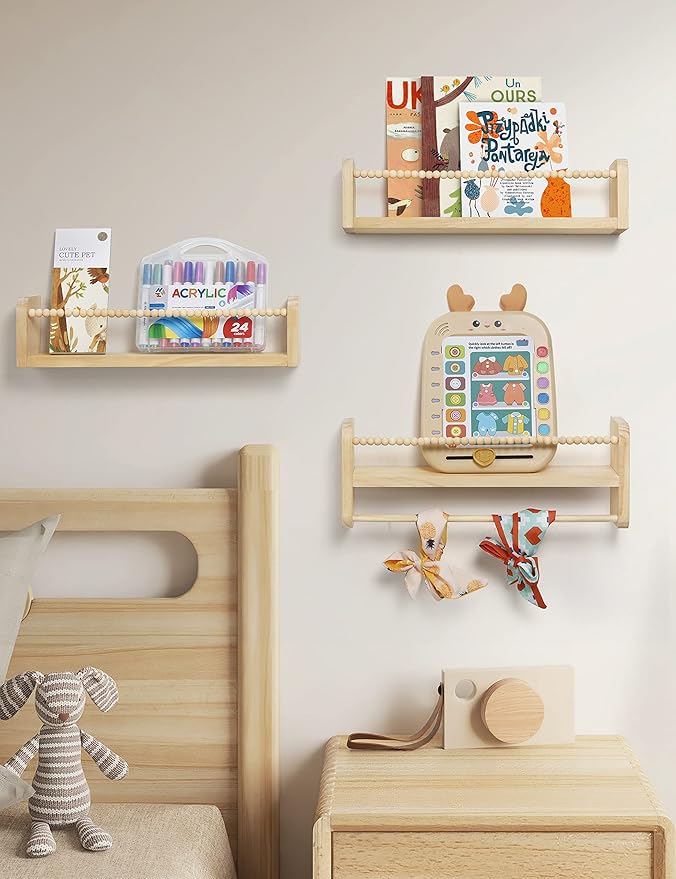 Maxpeuvon Nursery Floating Shelves for Wall, Set of 3 Book Shelves Natural Wood Wall Mounted Organizer with Towel Bar Hanging