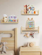 Maxpeuvon Nursery Floating Shelves for Wall, Set of 3 Book Shelves Natural Wood Wall Mounted Organizer with Towel Bar Hanging