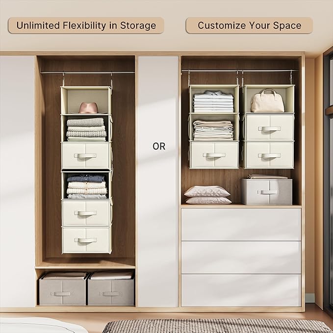 Vailando 6-Shelf Hanging Closet Organizer with 3 Drawers, 2 Separable 3-Shelf Closet Organizers and Storage for Wardrobe Orga