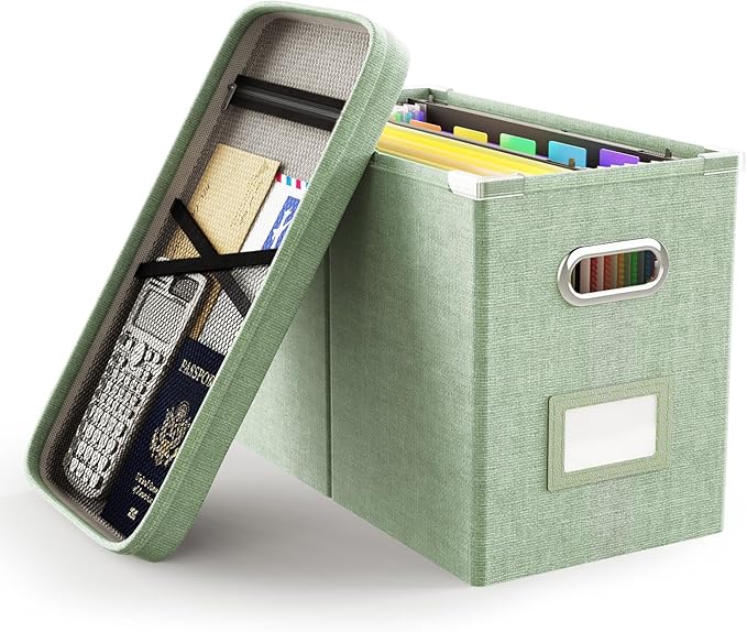 Oterri File Organizer Box with Lid, Hanging Filing File Box with Mesh Pocket, Document Organizer Box for Letter Files, Portab