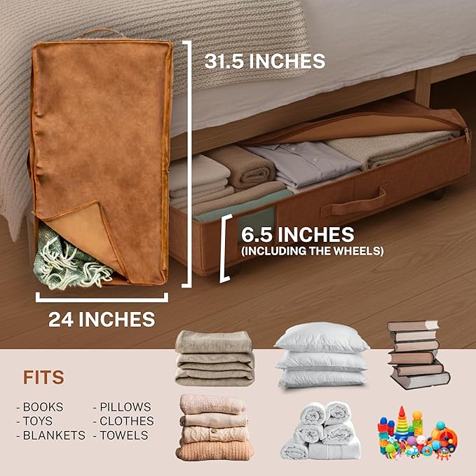 Premium Under Bed Storage with Wheels, Low Profile Rolling Storage Box in Vegan Leather with Metal Frame, Pull-Out Underbed O