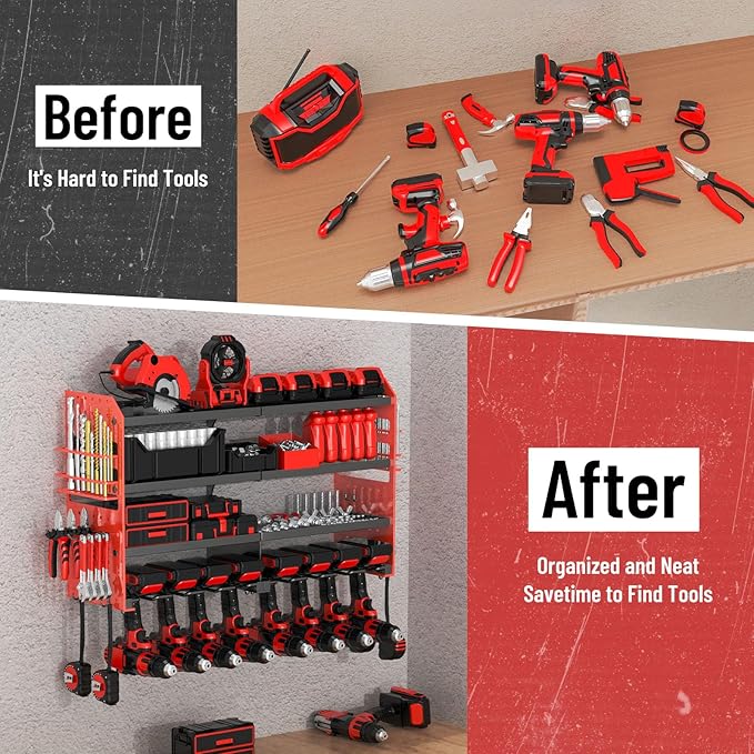 Power Tool Organizer Wall Mount, Metal Power Tool Storage Rack with Screwdriver Holder, Garage Tool Storage Shelves with Scre