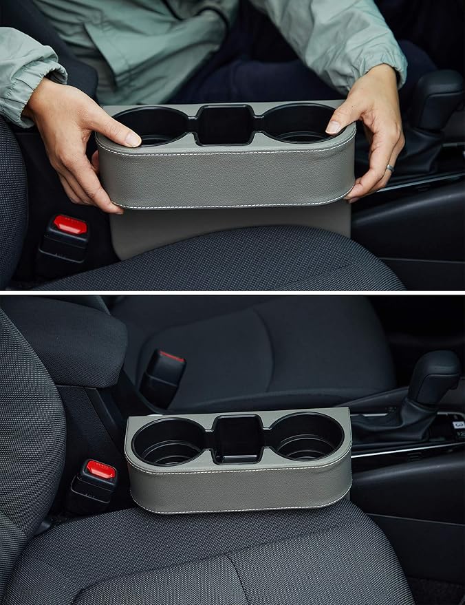 IOKONE Coin Side Pocket Console Side Pocket Leather Cover Car Cup Holder Auto Front Seat Organizer Cell Mobile Phone Holder (Gray)