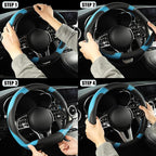 Microfiber Leather D Shaped Steering Wheel Cover, Breathable, Anti Slip, 13.5 inch to 14 inch, Black with Blue