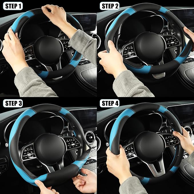 Microfiber Leather Steering Wheel Cover, Breathable, Anti Slip, 13.5 inch to 14 inch, Black with Blue