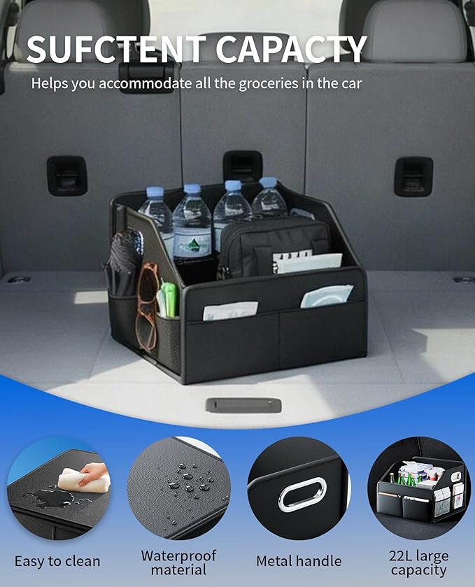 Car Storage Organizer for Seat and Floor - Car Organizer Front Seat with Metal Handle, 8 Compartments Passenger Seat Organizer, Anti-Slip Straps, Water-Resistant PU Leather (12.6 Inch Black)