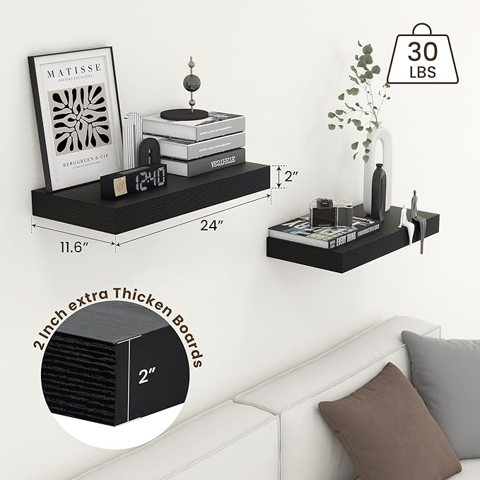 Deep Floating Shelves | 24 Inch Black Floating Shelves Set of 2 | 12 Inch Deep Rustic Wood Shelves for Wall | 24" W x 12" D B