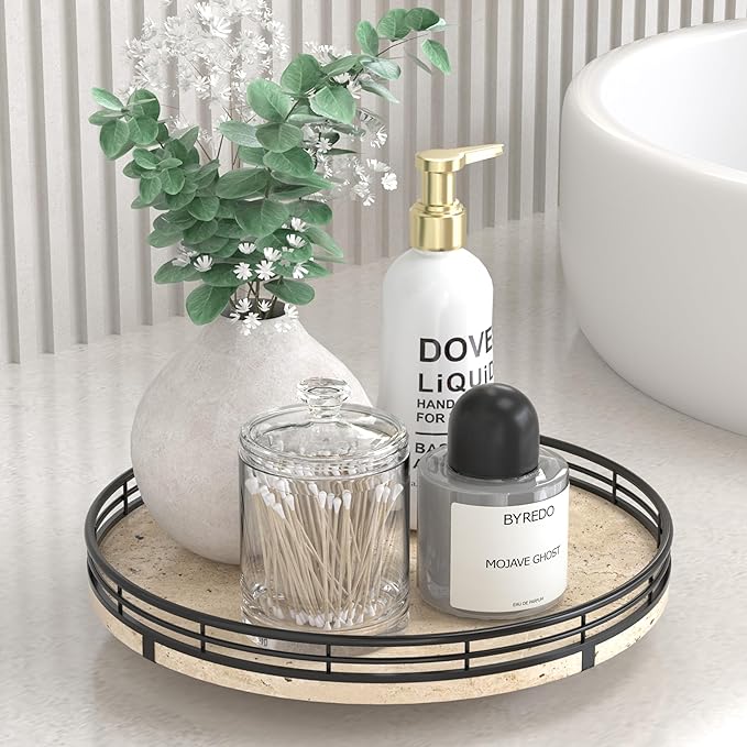 Italian Natural Travertine Lazy Susan Turntable for Table Top – 10” Round Marble Tray Organizer for Bathroom, Vanity, Dining 