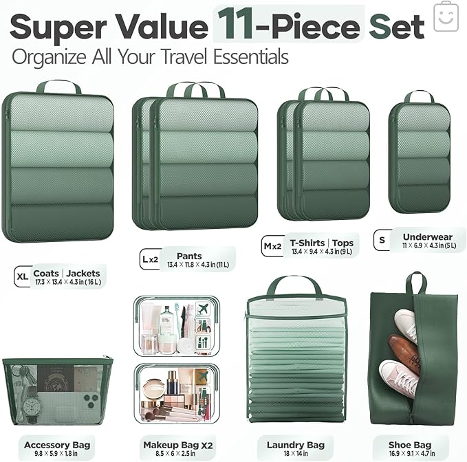 Veken 11 Set Compression Packing Cubes for Travel Essentials,Compressible Expandable Large Luggage Suitcase Organizer Bags fo