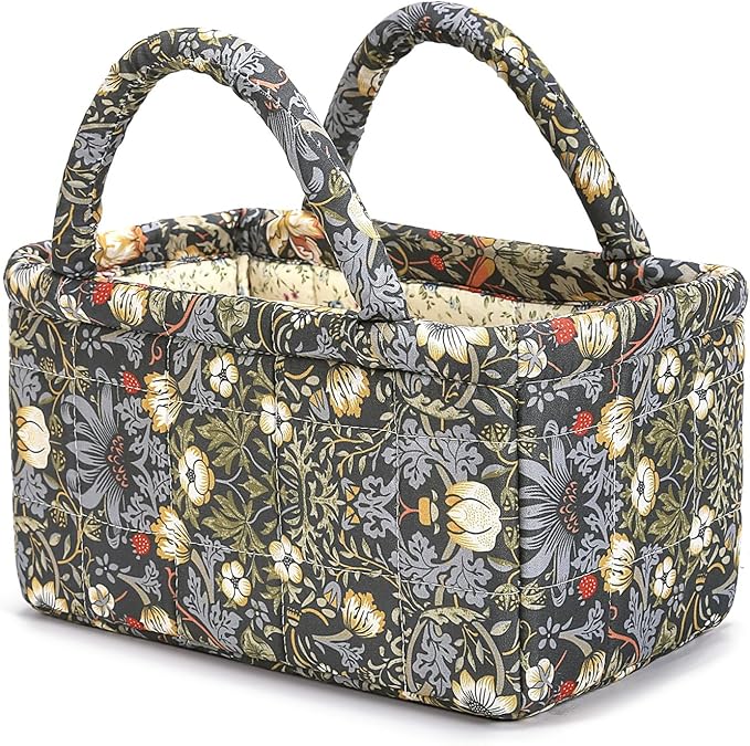Small Storage Basket Organizer, Mini Fabric Floral Storage Baskets with Handle, Quilted Portable Collapsible Storage (K)